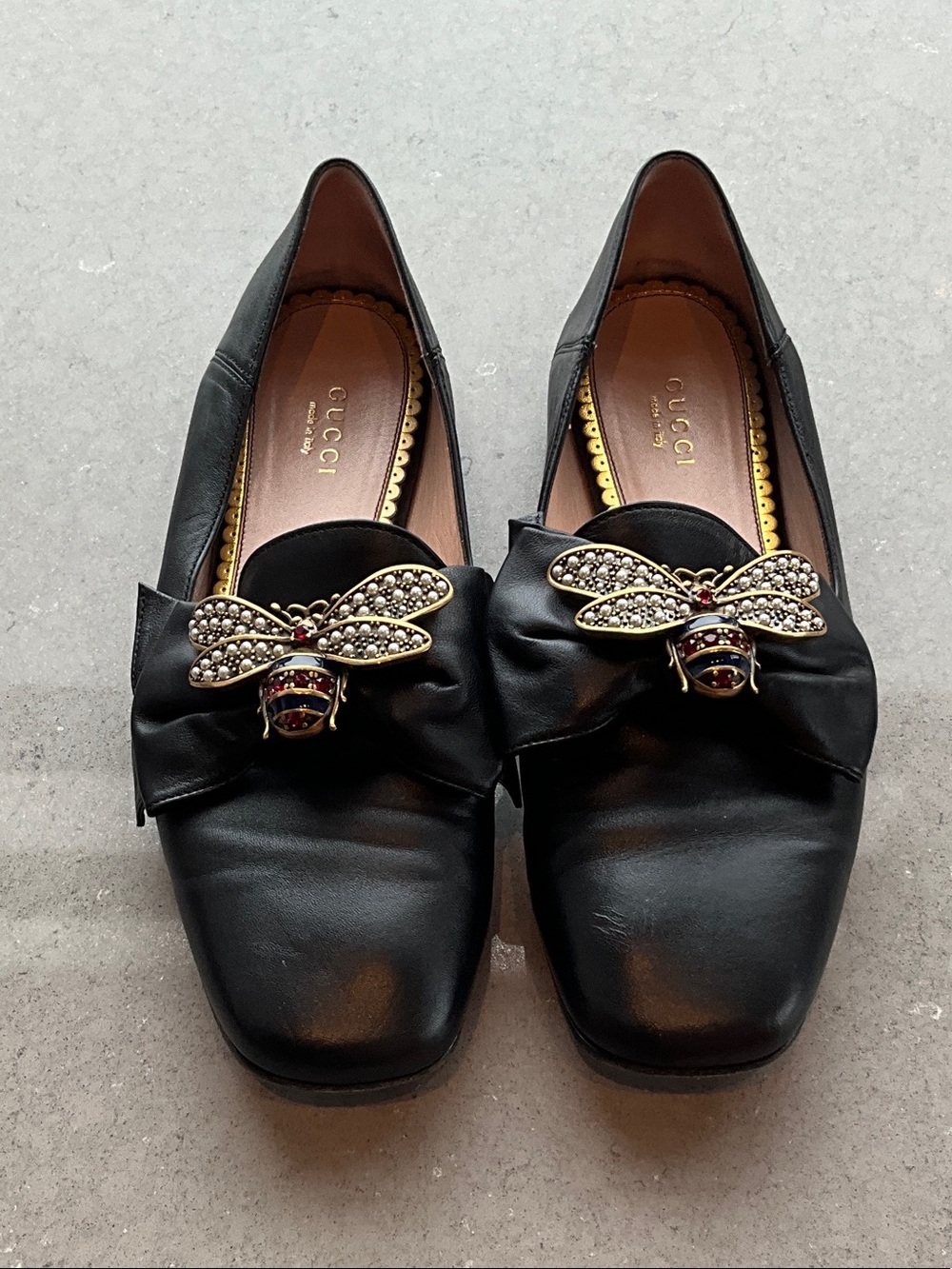 Gucci Black Leather Flats with Gold Jeweled Bee Embellishments